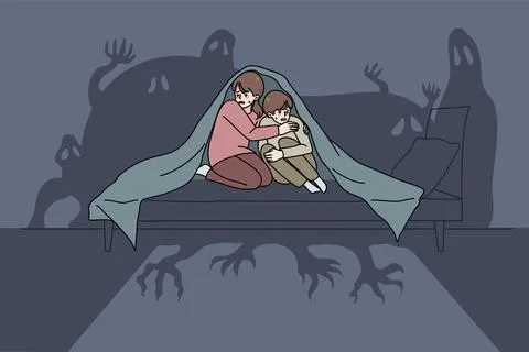 Scared small children sit on bed under blanket terrified by imaginary monsters. Stock Illustration