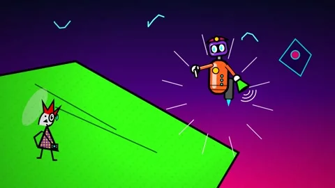 Scared Tourist With Flying Robot Guide In Neon Digital World 2D Animation Stock Footage 341366542