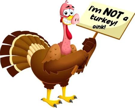 Scared Turkey Characters Masked As A Pig Holds A Sign With An Inscription 스톡 일러스트