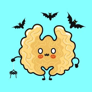 Scared walnut character holding spider during Halloween Stock Illustration
