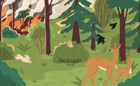 Scared wild animals running away wildfire in forest scene 库存插图