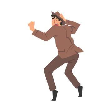 Scared Young Man in Brown Suit and Fedora Hat, Shocked Guy with Fear Expression イラスト素材