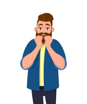 Scared young man holding hands near face. Emotions and body language concept. Stock Illustration
