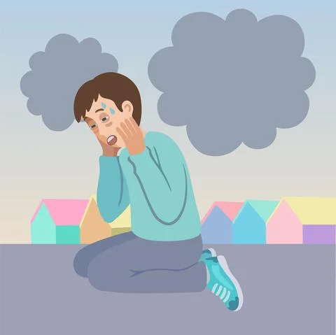 Scared young man with panic attack and agoraphobia, sitting on the street with Stock Illustration
