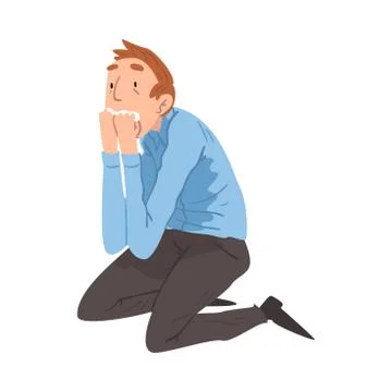 Scared Young Man Sitting on the Floor on His Knees with Hands on Face, Anxiety Illustrazione stock