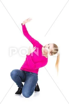 Scared young woman afraid of something above her Stock Photos
