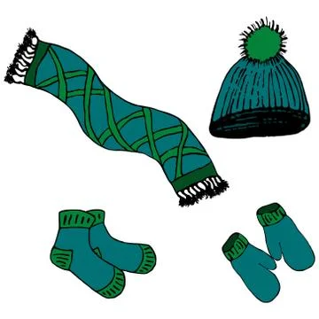 Scarf, hat, mittens, socks. Vector illustration. Drawing by hand. Stock Illustration
