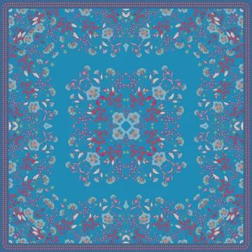 Scarf print design. Delicate cute flowers square pattern. Vector Stock Illustration