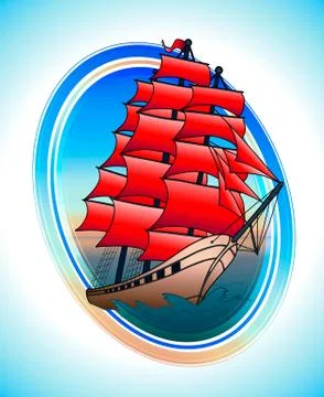 Scarlet sails ship in a circle. Vector draw Stock Illustration
