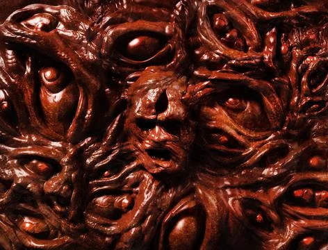 Scary 3d render illustration of mutant monster faces on wall. Illustrazione stock