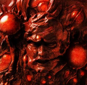 Scary 3d render illustration of mutant monster face on wall. Illustrazione stock