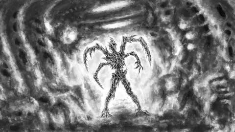 Scary alien mutant in dark corridor of bunker. Spooky halloween walking monst Stock Illustration