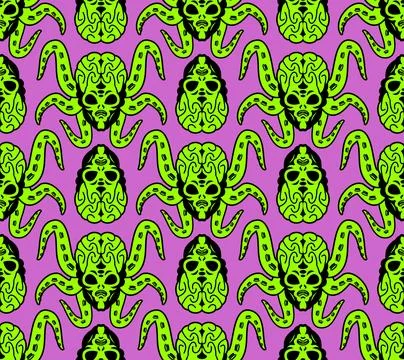 Scary Alien pattern seamless. Evil Alien Invader background. UFO angry gree.. Stock Illustration