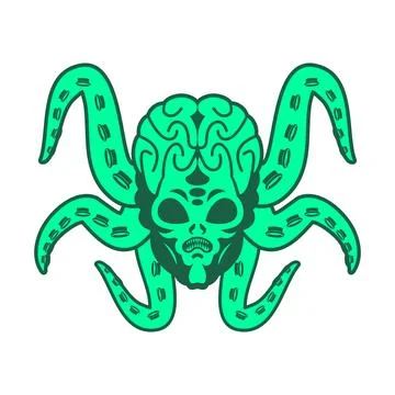 Scary Alien with tentacles. Evil Alien Invader. UFO angry green Stock Illustration