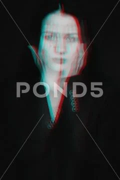 Scary black and white portrait of a girl with glitch effect Stock Photos