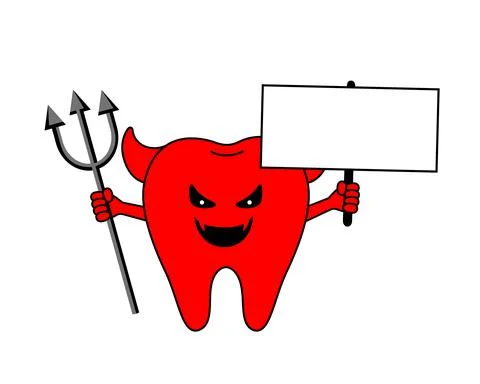 Scary cartoon devil tooth character holding a sign. Happy halloween concept. Stock Illustration