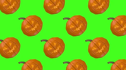 Scary carved pumpkins rotate in synchronized rows Stock Footage 341406366