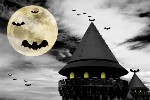 A scary castle with a full moon in the background and bats flying sky. Stock Illustration