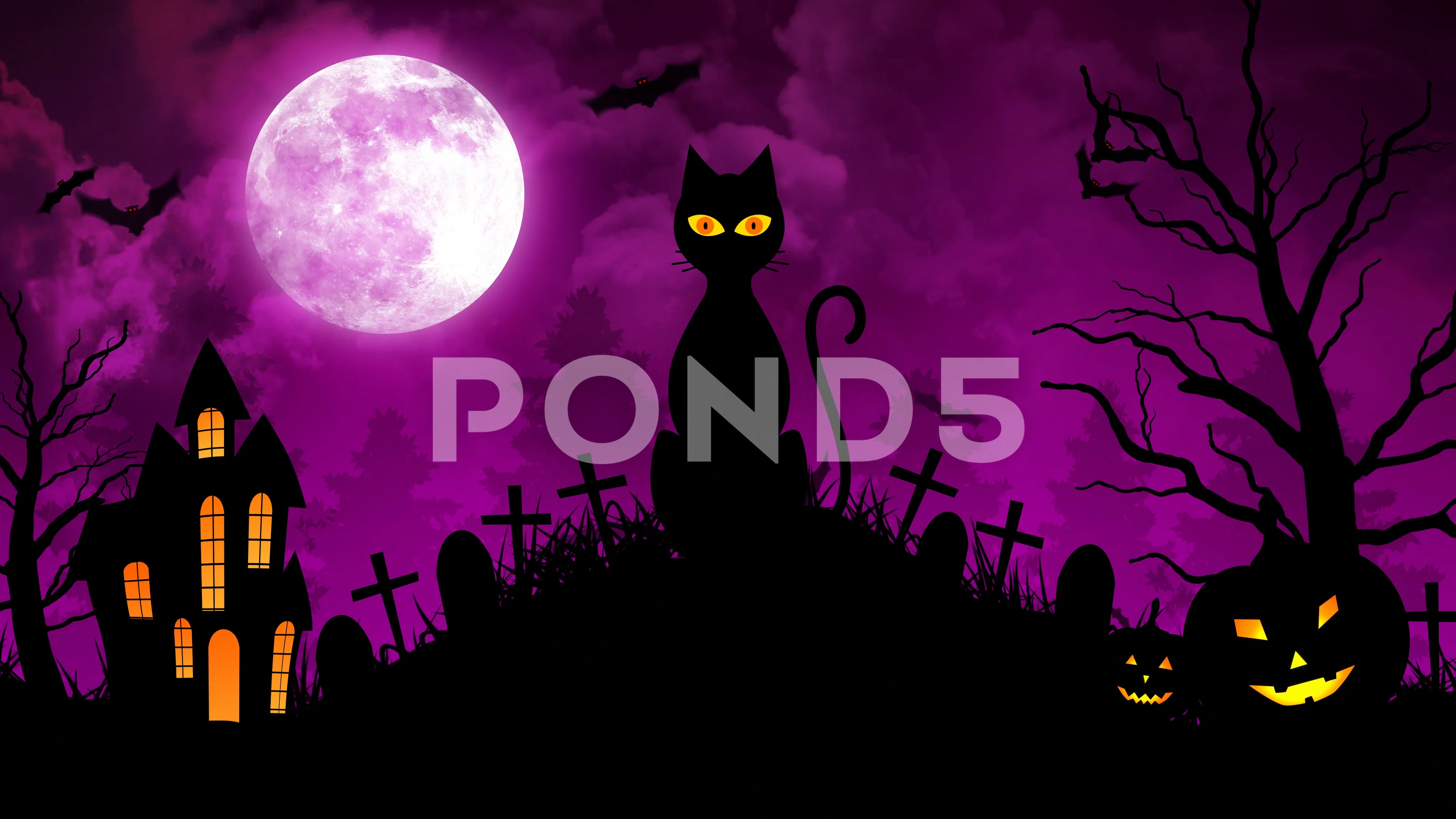Scary Cat and Castle and Moon in Purple ... | Stock Video | Pond5