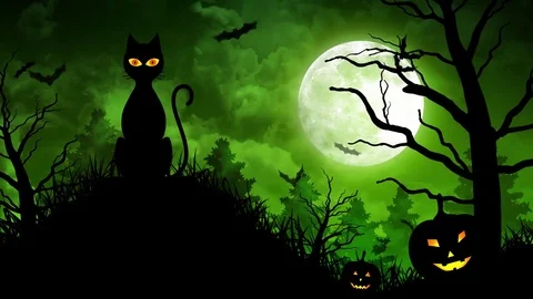 Scary Cat and Moon in Green Background Stock Footage 79792002