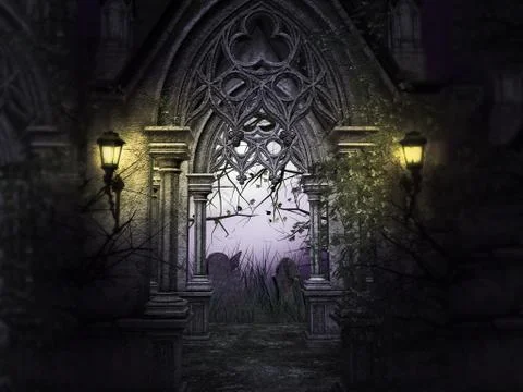 Scary Cemetery Gate Backdrop Stock Illustration