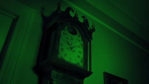 Scary Creature Shadows Over Clock Halloween Scene Stock Footage 305805066