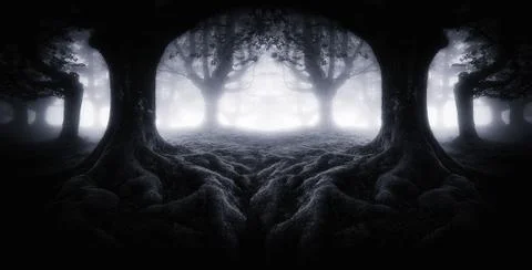 Scary dark forest with tree roots Stock Photos