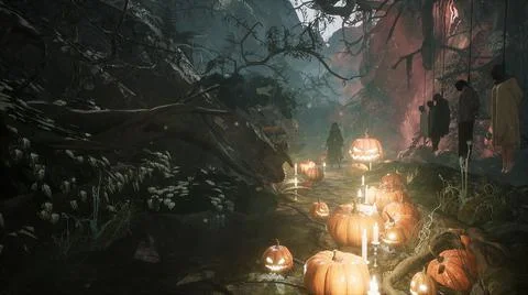 Scary dark mysterious forest with glowing pumpkins. Halloween horror concept Stock Illustration