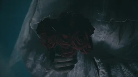 Scary dead Ghost Bride CloseUp Rose with light setup Helloween style 4K Stock Footage 318929038