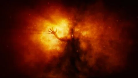 Scary demonic ghost in darkness 2D illustration. Burning monster in haze. H.. Stock Illustration