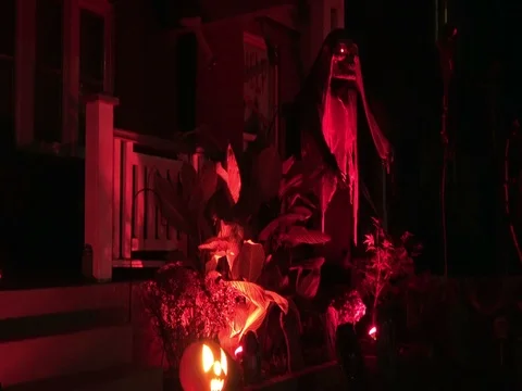Scary displays on Toronto houses on Halloween night, Canada Stock Footage