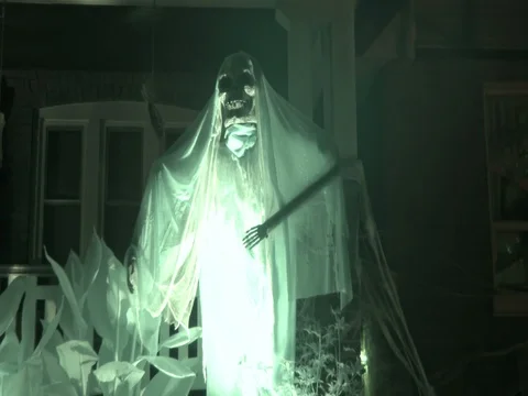 Scary displays on Toronto houses on Halloween night, Canada Stock Footage