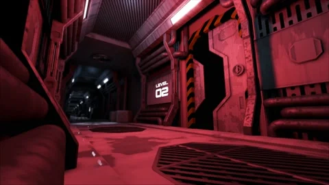 Scary empty sci fi spaceship corridor with evacuation alarm. Vidéo 147979423