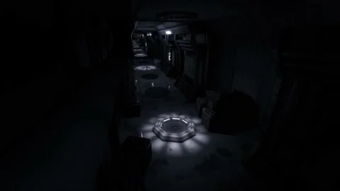 Scary empty sci fi spaceship corridor with evacuation alarm. Vidéo 147979425