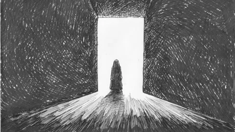 Scary entity appearing from darkness jump scare, eerie monochrome horror ani Stock Footage 341950901