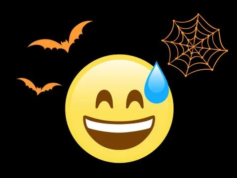Scary face flat icon with sweat, flying bat and spider net Stock Illustration