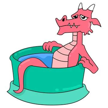 The scary faced red dragon is bathing in warm water, doodle icon image kaw... Stock Photos