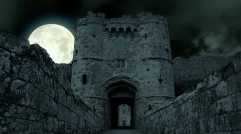 Scary Full moon over evil demon vampire Castle horror spooky cathedral devil Stock Footage