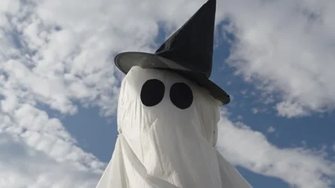 Scary ghost costume with witch hat for halloween Stock Footage 345879429