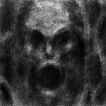 Scary ghost face with opened mouth. Black and white illustration. Stock Illustration