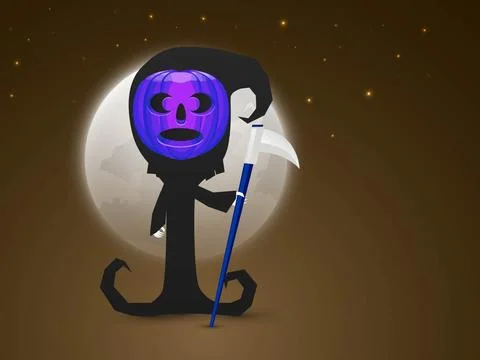 Scary ghost with pumpkin face, holding a dangerous axe on full moon night b.. Ilustración de archivo