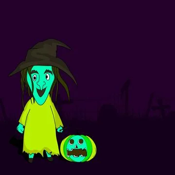 Scary ghost wearing witch hat with pumpkin and silhouette of in dangerous n.. Stock Illustration