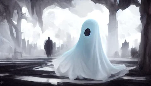 A scary ghost in a white sheet on the background of a haunted cemetery. Stock Illustration