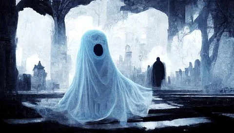 A scary ghost in a white sheet on the background of a haunted cemetery. Stock Illustration