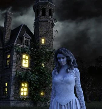 Scary ghost woman in an old haunted house at night Stock Illustration
