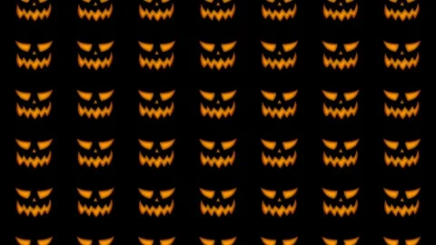 Scary glowing pumpkin faces pattern background grid loop for Halloween horr.. Stock Footage 344951832