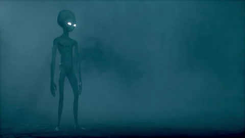 Scary gray alien stands and looks blinking on a dark smoky background. UFO Stock Footage 272460837
