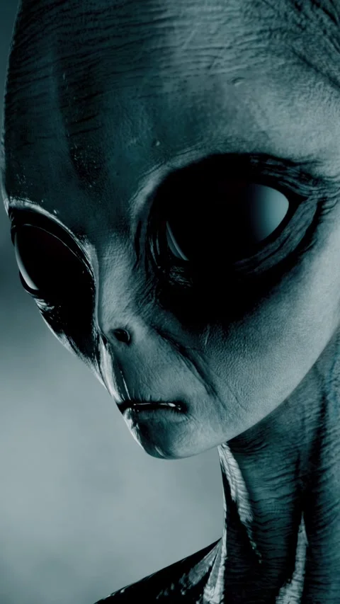 Scary gray alien stands and looks blinking on a dark smoky background. UFO Stock Footage 310963716