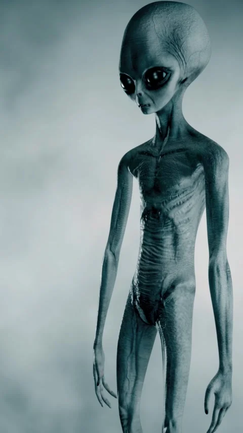 Scary gray alien stands and looks blinking on a dark smoky background. UFO Stock Footage 310963755
