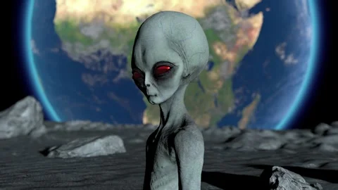 Scary gray alien stands on the moon and looks blinking. Planet Earth Is Visible Stock Footage 247789338